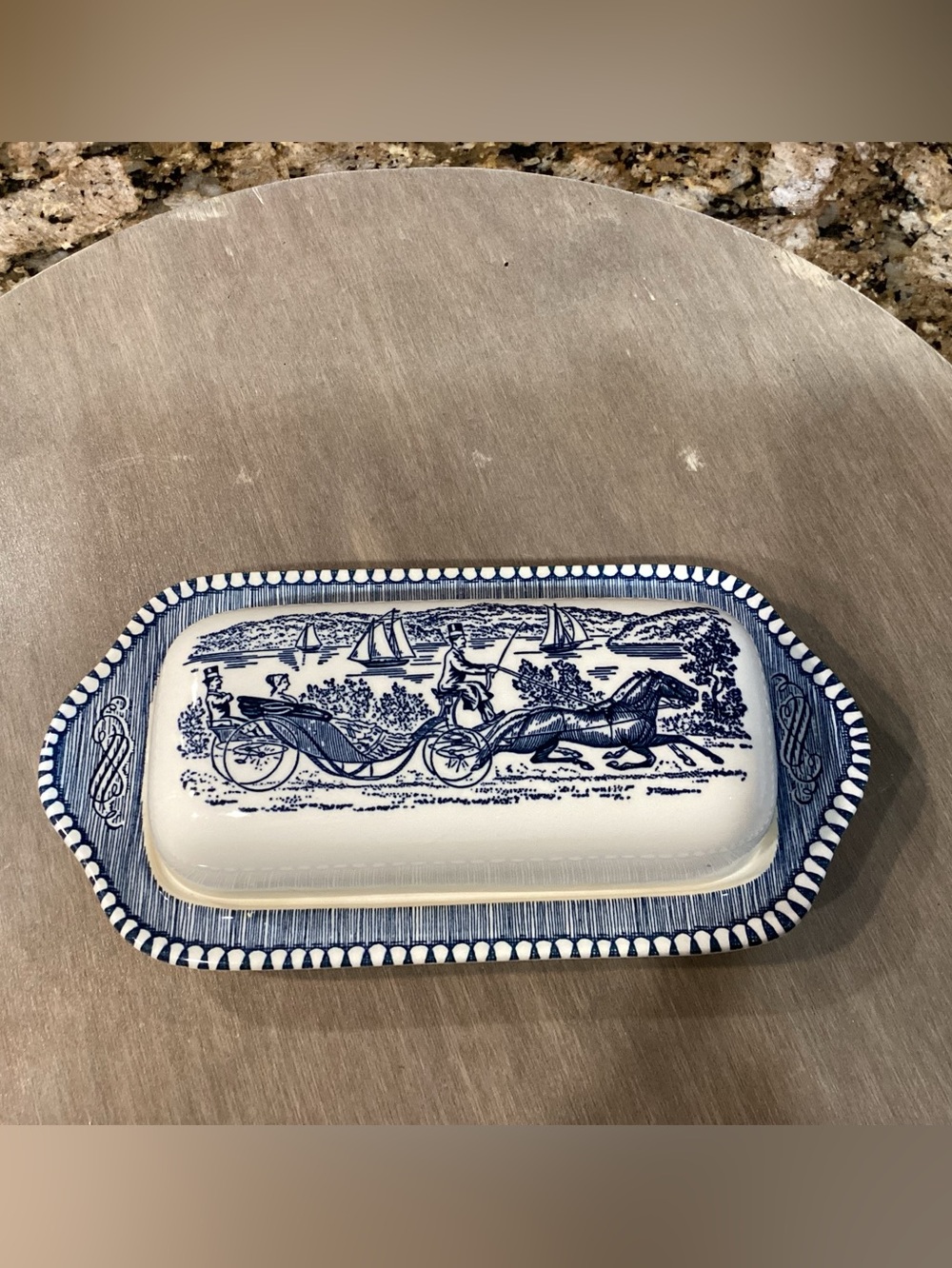 Currier & Ives Vintage Blue Covered Butter Dish